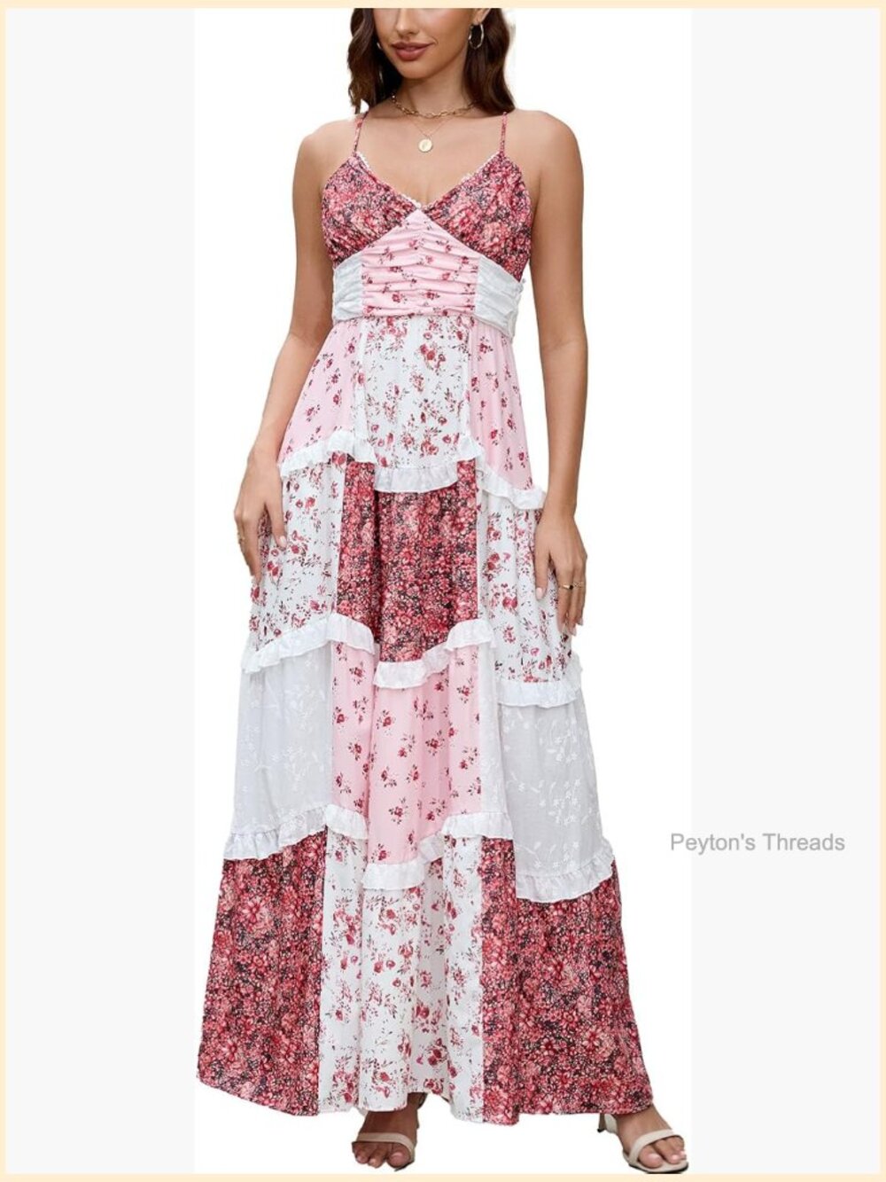 Floral Patchwork Maxi Dress V Neck Sleeveless Cross Back Spaghetti Strap Tiered